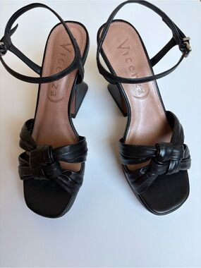Black Knotted Leather Block Heel Sandals